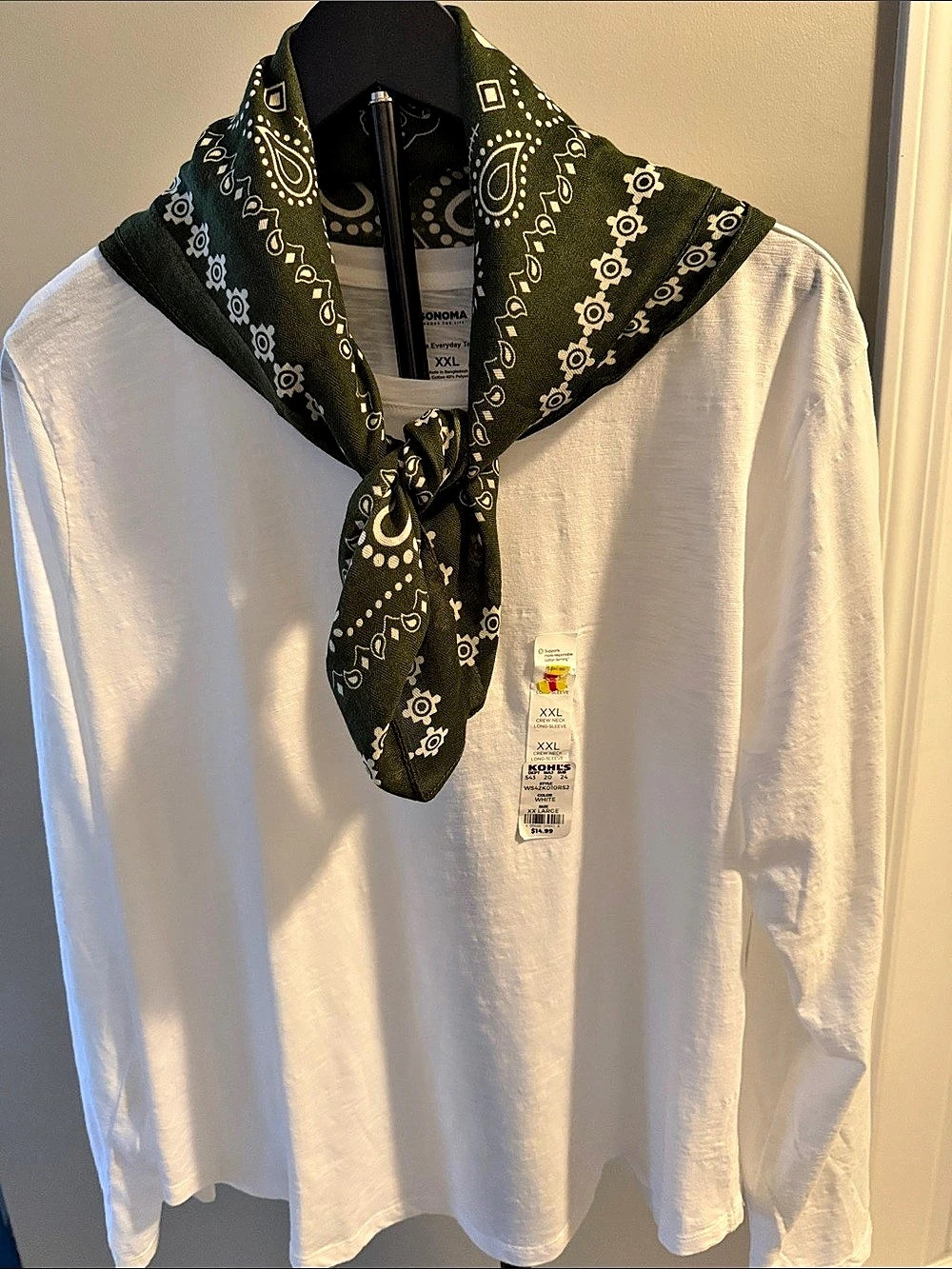 Sonoma Long Sleeve Cotton Top in White & Green XXL NWT scarf free with shirt!